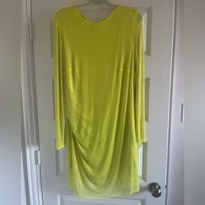 Never worn. Neon yellow midi rhinestone mesh dress with lining. Size XL